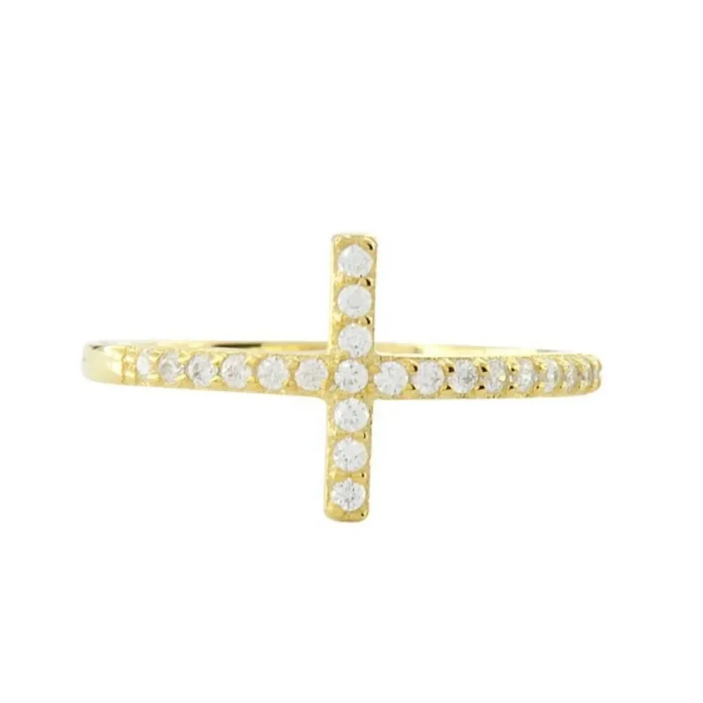 14k Yellow Gold Vermeil Sideways Cross Ring Sparkling CZ Pave Band New
